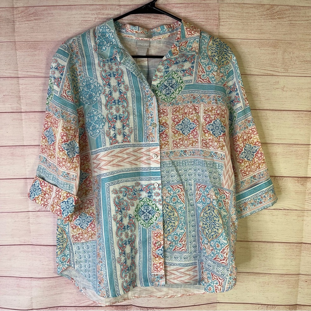 Chico’s Linen Coastal Tile 100% Linen Button Up Shirt Size Chico 1 | US M/8